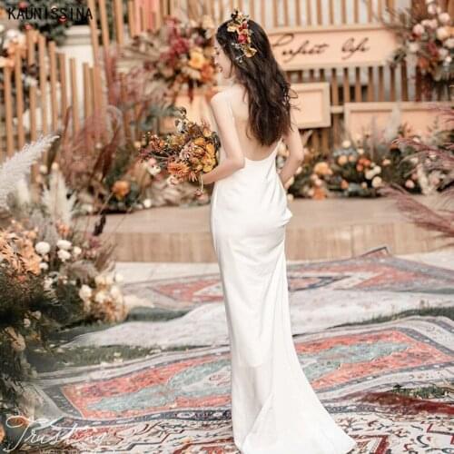 KAUNISSINA Simple Mermaid Wedding Dresses Spaghetti Straps Bakcless Long Sexy Bride Dresses White Romantic Bridal Wedding Gowns