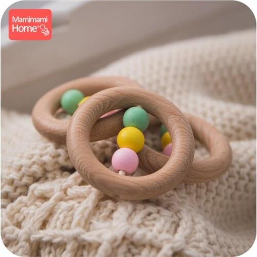 1PC Beech Wood Teething Ring 70mm Food Grade Teether Baby Rattle Play Gym Wooden Colored Bead Baby Teether Infant Toy Nurse Gift