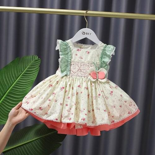 Summer Baby Girl Garden Style Pompous Bows Clothes Small Floral Printing Sleeveless Princess Dress With Shorts 80- 120cm