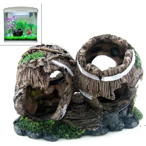 Hot selling ! Barrel type Aquarium Resin Artificial Double Barrel Decoration Fish Tank Hiding House Cave Aquarium Accessories