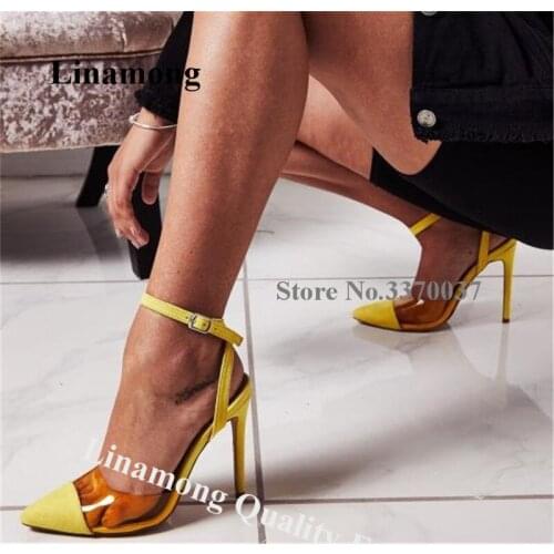 Linamong Fashion Pointed Toe PVC Patchwork Stiletto Heel Pumps Yellow Suede Transparent Ankle Strap Buckle High Heels Big Size