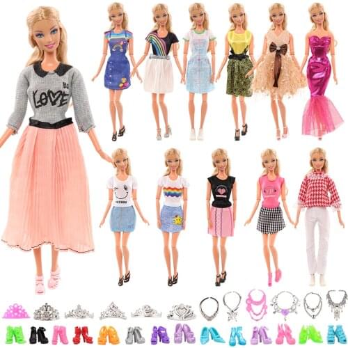 Fashion Handmade 29 Items/set Doll Accessory Kids Toys =5 Dresses + 2 Tops Pants + 6 Necklace + 6 Crowns +10 Shoes For Barbie