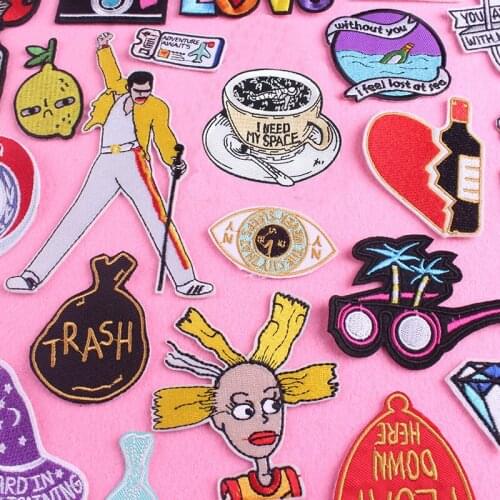 Pulaqi Cartoon Patches For Clothing Coffee Cup Stripes Wine Bottle Iron on Embroidered Patches On Clothes Stickers For Clothes