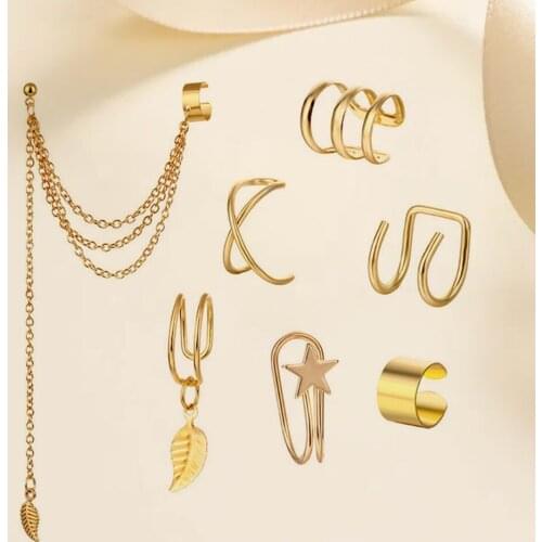 TKJ 7-Piece Set Fashion Non-Perforated Ear Clip Womens Simple Golden Star Leaf Fake Cartilage Earmuffs Jewelry Clip Accessories