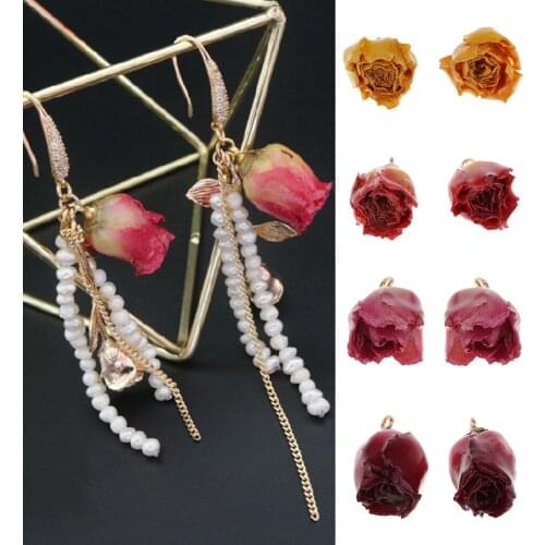 2 Pieces Dried Rose Flowers Charms with Liquid Resin Covered and Loop for DIY Earrings Pendant Jewelry Making Findings