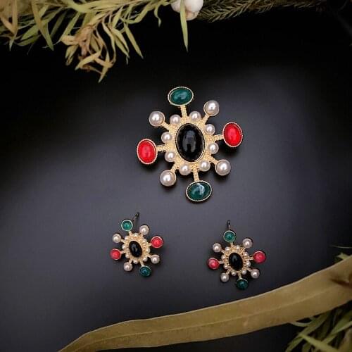 Retro French court Pearl Brooch 925 Pin Earring without ear hole earclip Earring Set