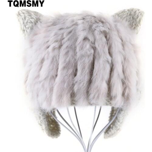 TQMSMY Rabbit Fur Hats for Womens Knitted wool Beanies girl lovely winter hat keep warm cat ear flaps bone Ladies cap for women