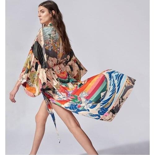 Chic Japanese Floral Print Summer Kimono Bikini Cover Up Women Blouse Shirt Cotton Boho Beach Wear Long Vestidos Robe
