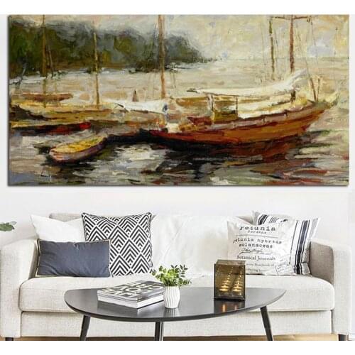Modern Seaview Boat Landscape Poster Print Abstract Seascape Oil Painting on Canvas Wall Picture for Living Room Home Decorative
