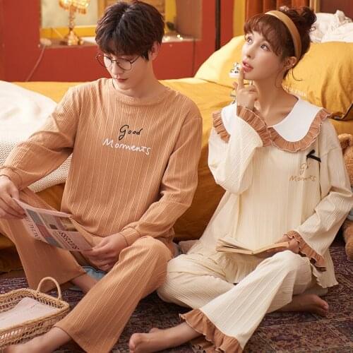 Vintage Brown Doll Collar Women Pajamas Set Loose Cotton Long Sleeve Homewear Autumn Winter Oversized O-Neck Couple Sleepwear