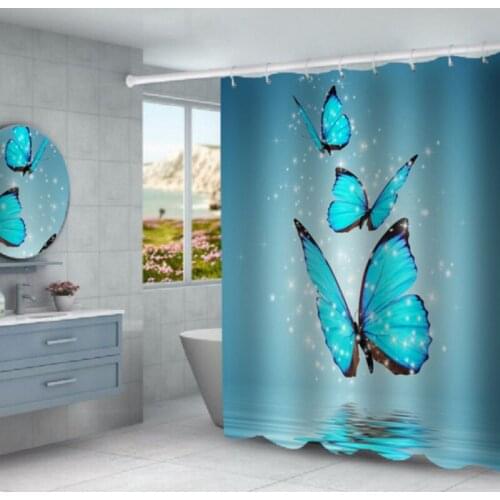 Blue Butterfly Digital Print Shower Curtain Waterproof Fabric Polyester Bath Curtain Fantasy Elegant Bathroom Decor Accessories