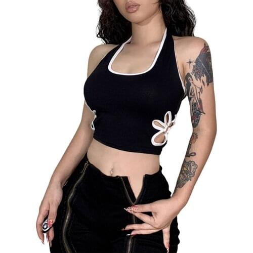 Ladies Summer Sexy Midriff-baring Camisole Girls Creative Floral Hollow Hanging Neck Backless Sleeveless Slim Tops