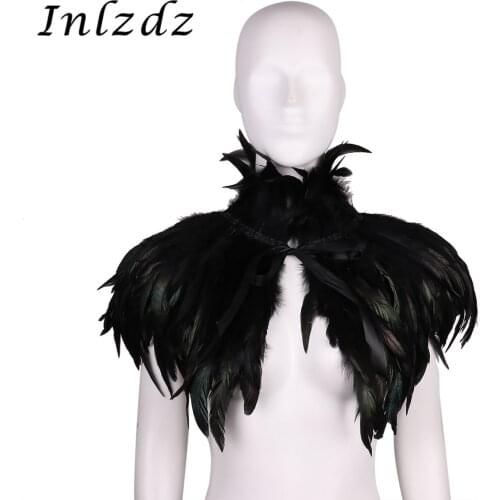 Womens Halloween Carnaval Costume Party Costume Gothic Victorian Natural Feather Cape Shawl Stole Poncho with Choker Collar