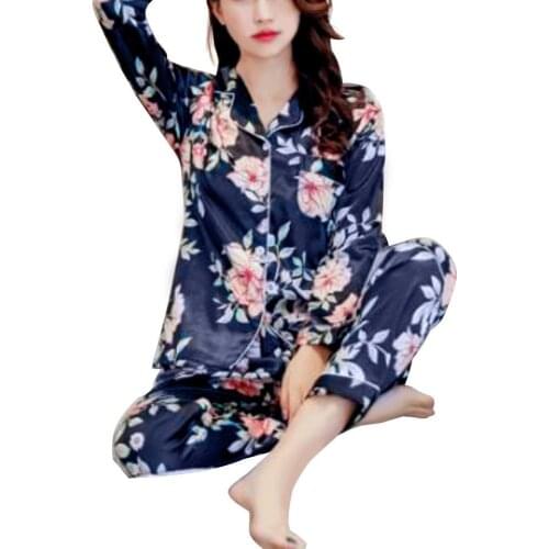 2Pcs Women Floral Print Long Sleeve Top Pants Imitation Silk Nightwear Pajama Set Underwear