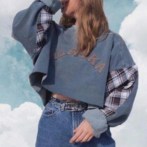 Womens Casual Fleece Hoodies Patchwork Loose Letter Print Plaid Crop Top Women Autumn Sweatshirt Drop Shoulders Pullover