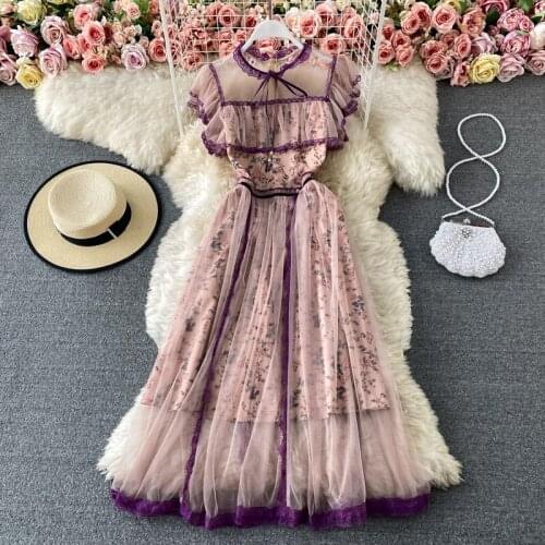 New Summer Runway Womens Lace See Through Ruffle Dress High Quality Mesh Floral Print Patchwork Dresses Vestidos