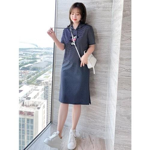 High quality Hooded drawstring cartoon patch with diamond contrast stripes T T-shirt dress 2021 summer new