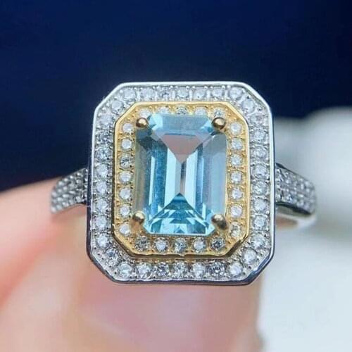 Natural real blue topaz rectangle luxury ring Per jewelry 925 sterling silver 6*8mm 2.4ct gemstone Fine women jewelry T211146