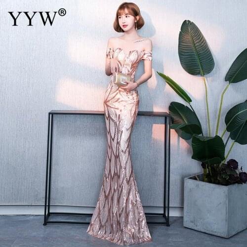Gold Sequin Floral Evening Long Party Dress Women Sexy Off Shoulder Mermaid Dress Ladies Slim Bodycon Elegant Formal Gowns 2020