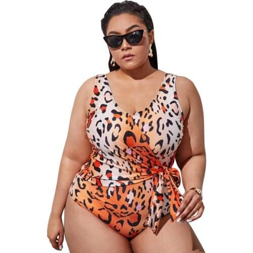 2021 Swimsuit European and American New Cross Strap Leopard Point One-Piece Swimsuit Womens Plus Size Swimwear Fat Sexy