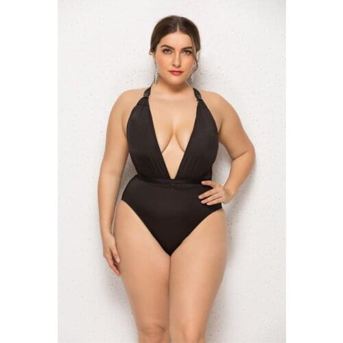 2XL-5XL New Fat Person Lady Plus Size One-Piece Swimsuit Deep V Sexy WomenS Swimsuit Solid Color Black Beach Swimwear SW308