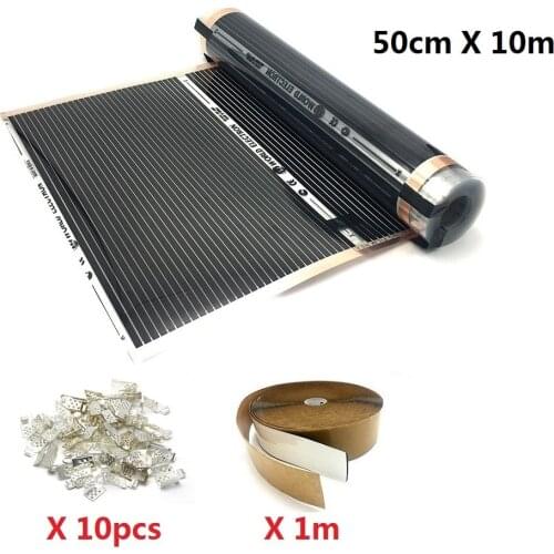 50cmX10m Heating Film 220v 220w/m2 Warm Floor Mat with 10pcs Clamps + 1m Insulation Pastes