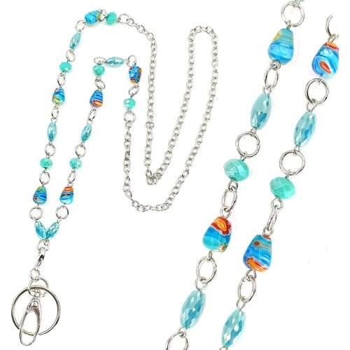 Blue Beaded Chain Lanyards with ID Holder Keychain Holder Badge Key Holder Womens Fashion Jewelry Necklace