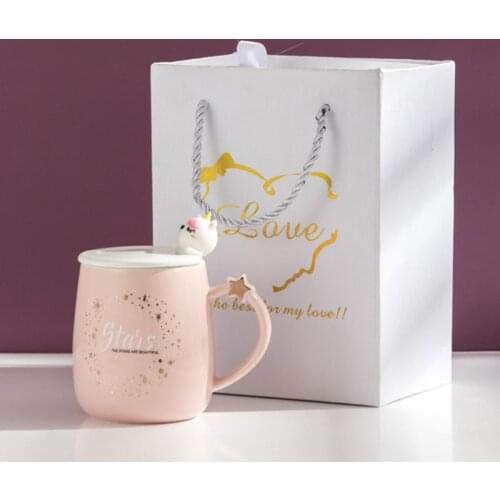 Student Korean Style Cartoon 420ml Cute Pink Kawaii Unicorn Ins Ceramic Cup Mug with Lid Spoon Milk Water Coffee Tea Cup Home