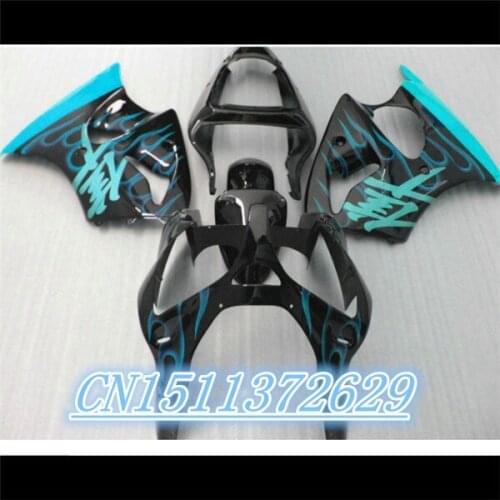 Dor-fairing kit for Kawasaki ZX6R 2000-2002 Ninja 636 blue flames in black motorcycle fairings set ZX-6R 00 01 02 D injection