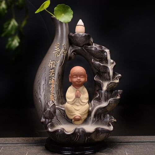 Little Buddha Monk Ceramic Backflow Incense Burner Lotus Waterfall Incense Holder Home Decor Aromatherapy Censer