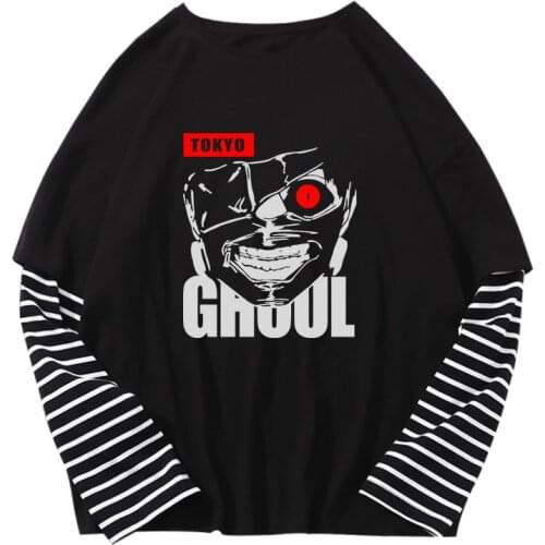 Fashion Anime Tokyo Ghoul Fake Two Pieces Tshirt Kaneki Ken Print Mens Long Sleeve Casual O Neck T-Shirt For Man Women Top Tees