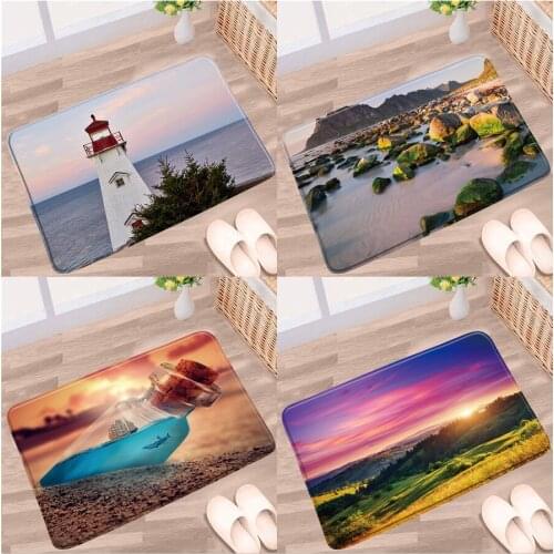 Doormat Natural Scenery Bathroom Mat Lighthouse Ocean Fish Forest Landscape Anti-Slip Rug Floor Bedroom Kitchen Doorway Carpet