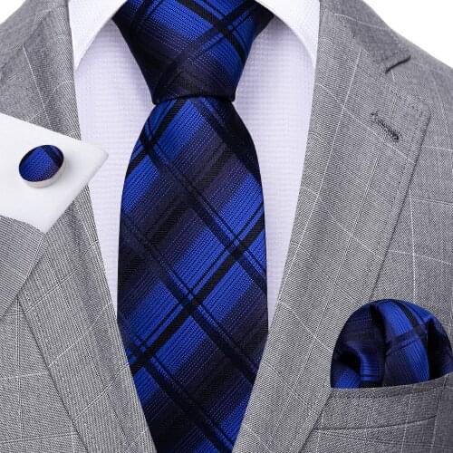 New Blue Plaid Men Tie Set Silk Jacquard Necktie Wedding Business Handkerchief Cufflinks Red Tie Barry.Wang Designer FA-5340