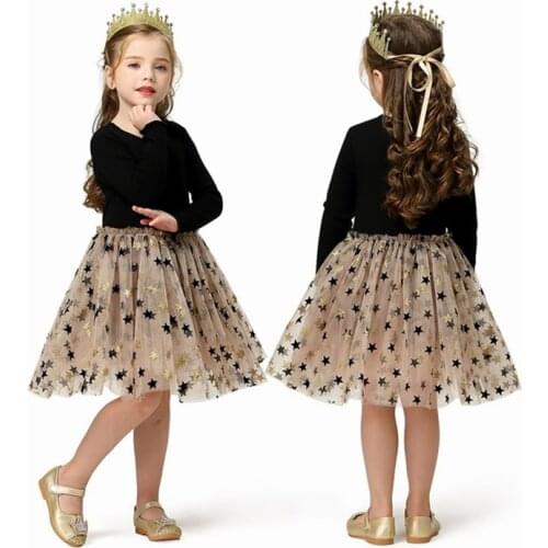 3-8Y Princess Girls Dress Long Sleeves Dresses Stars Print Baby Clothes Children Birthday Clothing Tutu Dress Casual Wear