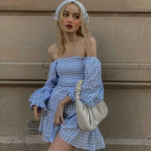 MODX Autumn Fashion Off Shoulder Ruffle Dress Summer Party Female Lantern Sleeve Elegant Mini Print Dresses Cute Sexy Vestidos