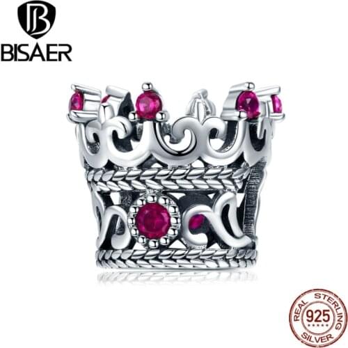 BISAER Hot Sale 925 Sterling Silver Charms Princess Crown Queen Crown Pink CZ Beads Fit for Bracelet Silver 925 Jewelry Making