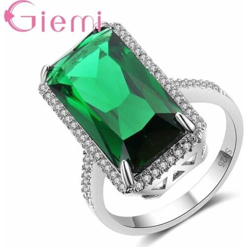 Luxury Rectangle Green Clear Zircon Ring Paved Full White Crystal Charm 925 Sterling Silver Jewelry Engrave S Stamp