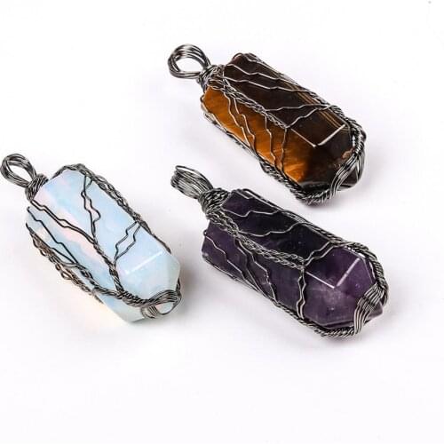Retail 1pc Natural stone pillar double sided life tree winding pendant opal copper wire hand woven lucky ornament pendant