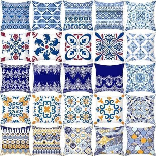 Blue Ethnic Style Cushion Cover 45X45 Geometry Patterns Decorative Pillowcase Sofa Cushions Yellow Print Pillow Covers Polyester