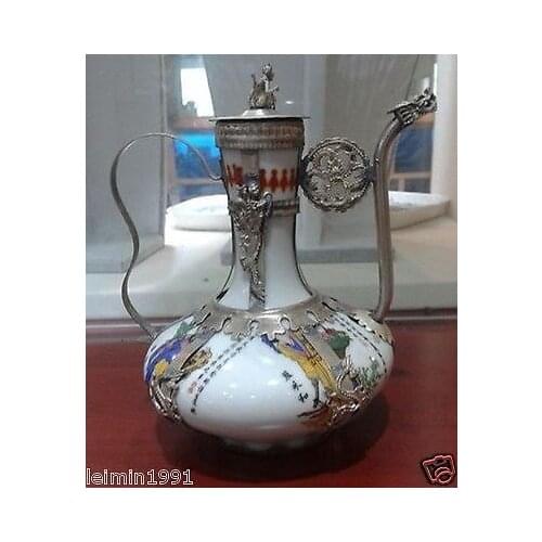 House decoration crafts Collectible Decorated Exquisite Chinese Tibet silver white porcelain teapot tools wedding Brass