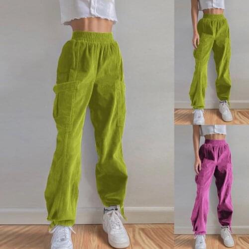 Vintage 90S Corduroy Pants Women Elastic Waistband Ankle Tied Harajuku High Waist Long Straight Trousers 2021 Spring Girls Pants