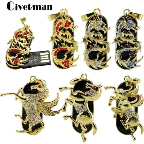 Jewelry Dragon USB Flash Drive 8GB 16GB 32GB 64GB 128GB 256GB USB 2.0 Memory Stick Pendriver Horse Pen Drive Mini Cle Usb Chain