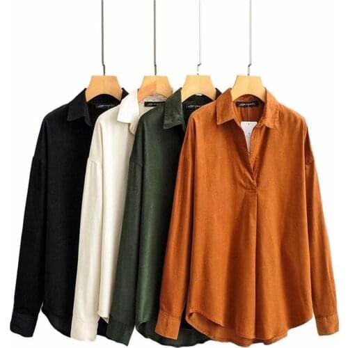 2020 Spring Womens New Lapel Corduroy Long Sleeve Japanese Designer Fitting Room Pure Color Pullover Shirt