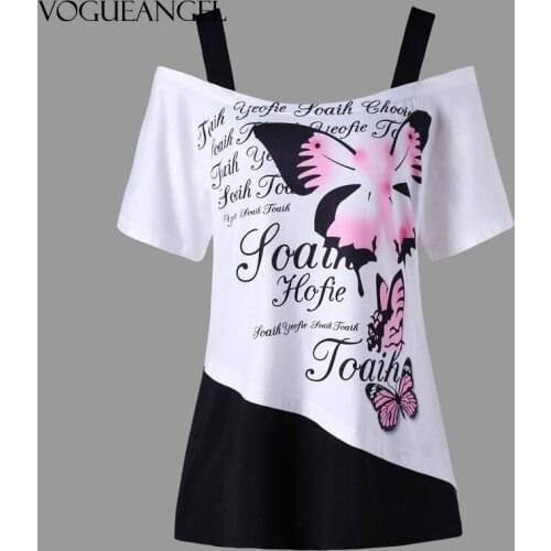 Summer Women T-Shirts 2021 Cold Shoulder Spaghetti Strap Tshirt Top Sexy Butterfly Print Short Sleeve Tees Tops Tshirt Clothing