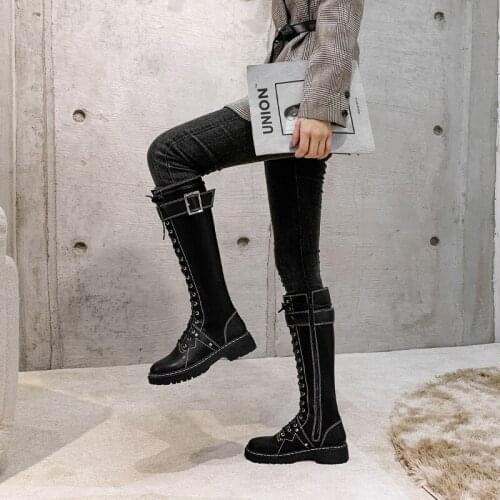 2020 Women Lace-Up zipper Knee-High Equestrian Boots Internal Celebrity Lady Cross-tied Motorcycle Botas Ladies Army Long Boots