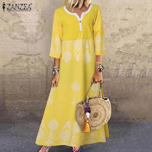 2021 ZANZEA Retro Autumn Sundress Women Vintage Floral Printed Long Dress V Neck 3/4 Sleeve Party Holiday Vestido Robe Femme