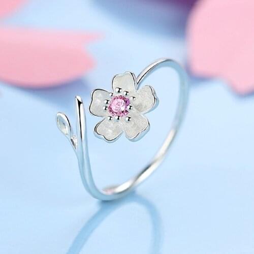 Japanese Romantic Cherry Blossom Ring Exquisite Zircon Flower Ring Charm Women Cocktail Party Jewelry Anniversary Birthday Gift
