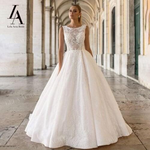 Wedding Dress Appliques Lace A-Line O-Neck Sleeveless Bridal Gown Illusion Princess Court Train LelaAcra SY28 Vestido De Novia