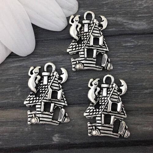 10pcs Charms Haunted House 20 x 15mm Halloween Ghost Pendants Antique Jewelry Making DIY Handmade Craft Pendant Halloween Gift