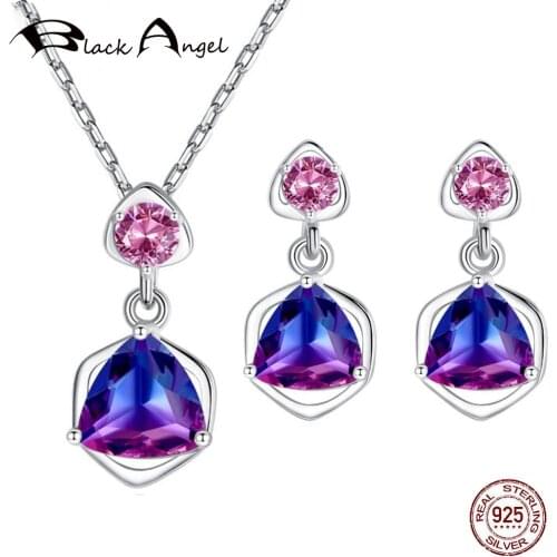 925 Sterling Silver Wedding Jewelry Set Sparkling CZ Triangle Rainbow Zircon Pendant Elegance Necklace Earrings Set for Women